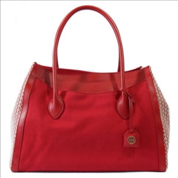 Tory Burch Savannah Canvas East West Tote Bag Red Purse - Picture 12 of 12